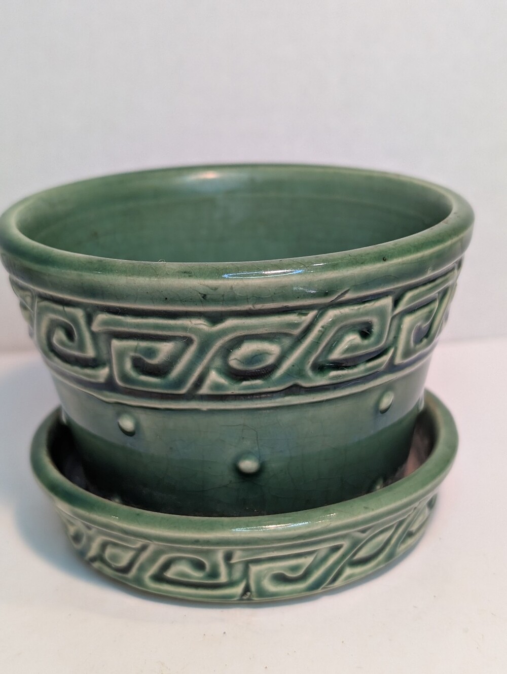 McCoy Pottery Greek Key planter in an emerald or leaf green glaze